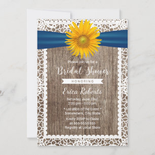 Rustic Sunflower Ribbon Laced Wood Bridal Shower Invitation