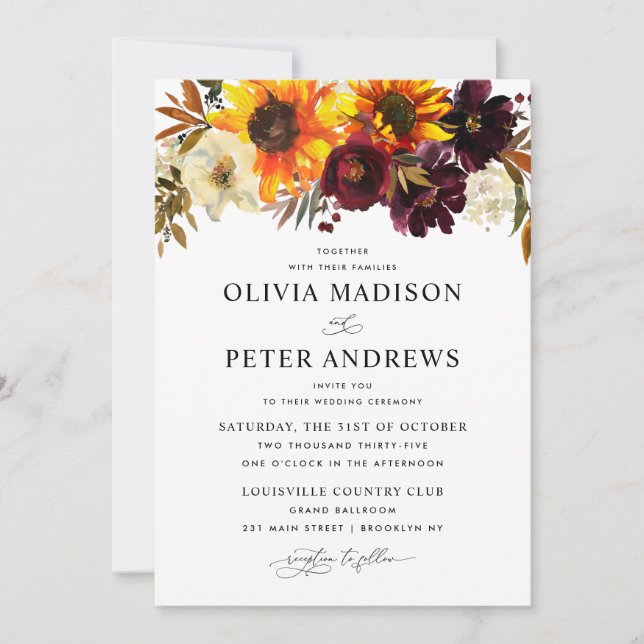 Rustic Sunflower Rose Burgundy Fall Floral Wedding Invitation (Front)