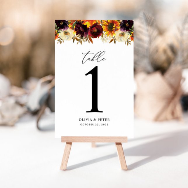 Rustic Sunflower Rose Burgundy Fall Floral Wedding Table Number (Creator Uploaded)