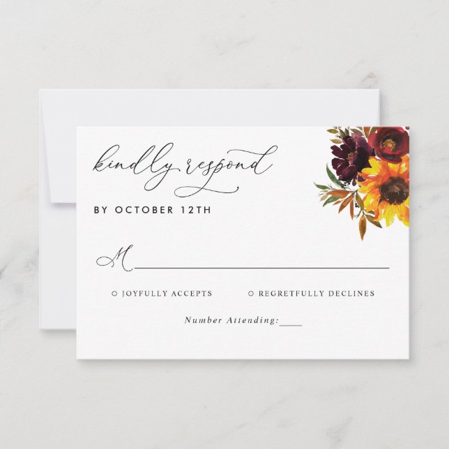 Rustic Sunflower Rose Burgundy Fall Wedding RSVP Card (Front)