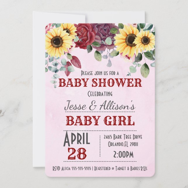 Rustic Sunflower/ Rose Floral Baby Shower  Invitat Invitation (Front)