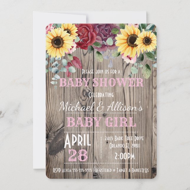 Rustic Sunflower/ Rose Floral Baby Shower  Invitat Invitation (Front)