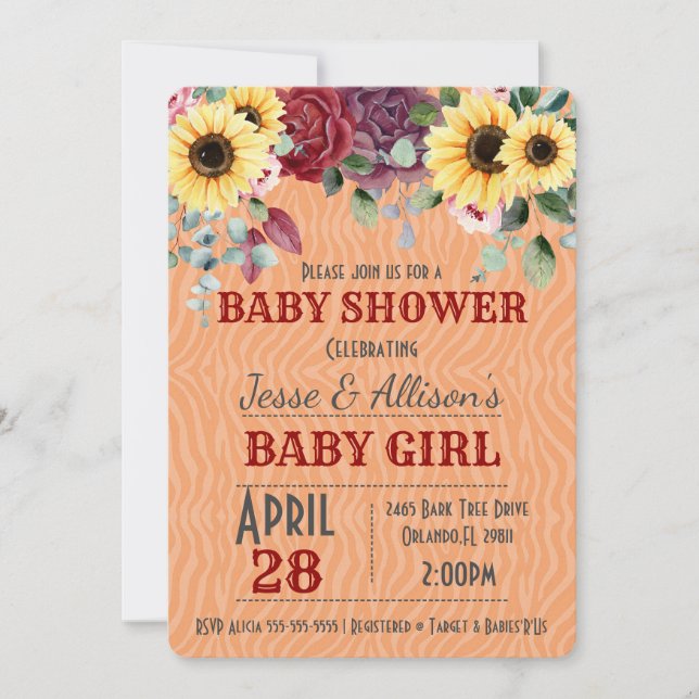 Rustic Sunflower/ Rose Floral Baby Shower  Invitat Invitation (Front)