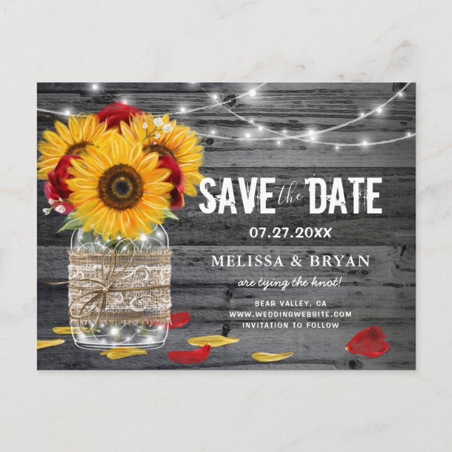 Rustic Sunflower Rose Wedding Wood Save the Date Announcement Postcard (Front)