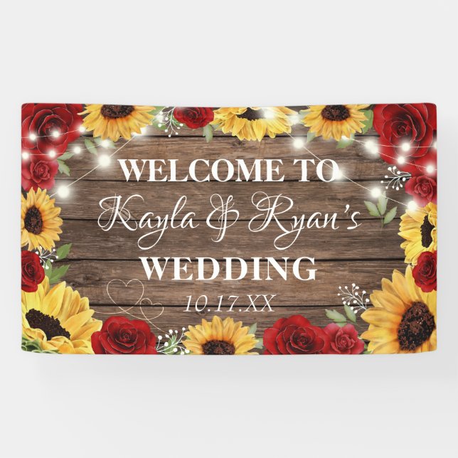 Rustic Sunflower Rose Wood Background Wedding Banner (Horizontal)
