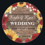 Rustic Sunflower Rose Wood Background Wedding Classic Round Sticker<br><div class="desc">Personalise this awesome Rustic Sunflower Rose Wood Background Wedding  sticker with your details easily and quickly. All texts are editable!. For more advanced customisation of this design,  simply select the 'Customise It / Personalise this template' button above! Matching items available in collection!</div>