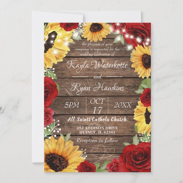 Rustic Sunflower Rose Wood Background Wedding Invitation (Front)
