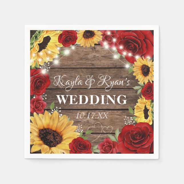 Rustic Sunflower Rose Wood Background Wedding Napkin (Front)