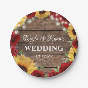 Rustic Sunflower Rose Wood Background Wedding Paper Plate