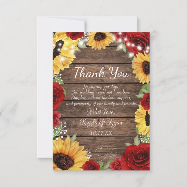 Rustic Sunflower Rose Wood Background Wedding Thank You Card (Front)