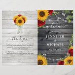 Rustic Sunflower Roses DIY Folded Wedding Program<br><div class="desc">Are sunflowers and red roses adding beauty to your wedding day? Here are DIY wedding programs that you can fold and easily personalise for your guests! The elegant watercolor floral design hand illustrated by Raphaela Wilson features burgundy roses along with golden yellow sunflowers arranged atop a grey vintage barn wood...</div>