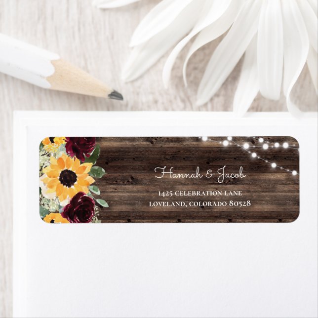 Rustic Sunflower Roses Wood Wedding Return Address (Insitu)
