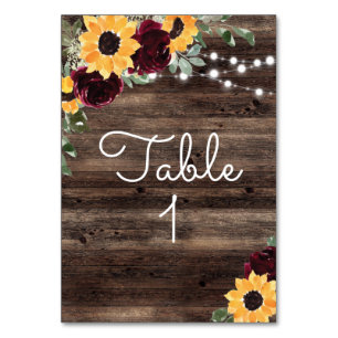 Rustic Sunflower Roses Wood Wedding Table Number