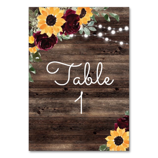 Rustic Sunflower Roses Wood Wedding Table Number (Front)