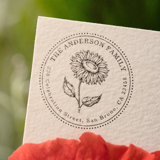 Rustic Sunflower Round Family Name Return Address Rubber Stamp (Creator Uploaded)
