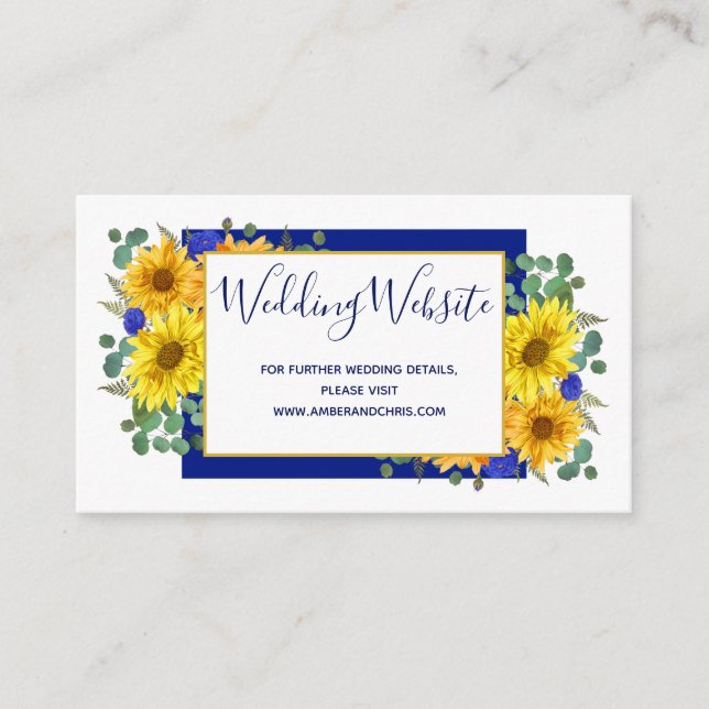 Rustic Sunflower Royal Blue Roses Wedding Website Enclosure Card (Front)