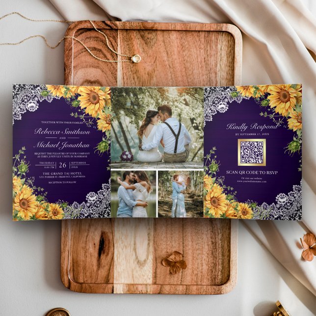 Rustic Sunflower Royal Purple Wood QR Code Wedding Tri-Fold Invitation (Creator Uploaded)