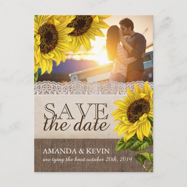 Rustic Sunflower Save the Date Announcement Postcard (Front)