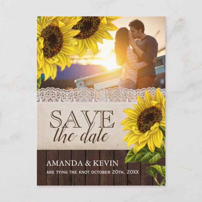 Rustic Sunflower Save the Date Announcement Postcard (Front)