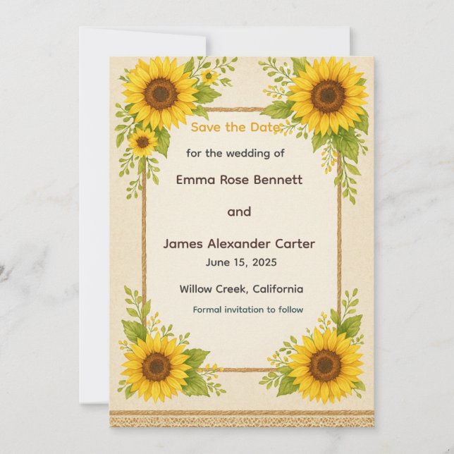 Rustic Sunflower Save the Date Card (Front)