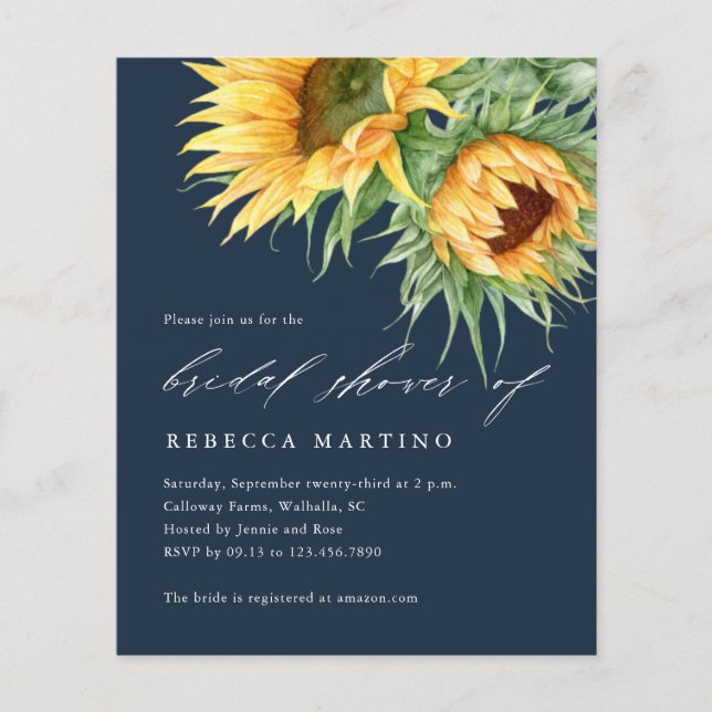 Rustic Sunflower Script Bridal Shower Invitations (Front)