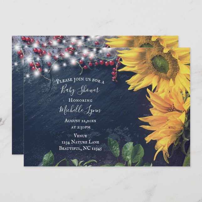 Rustic Sunflower, Slate and Lights Baby Shower Invitation (Front/Back)