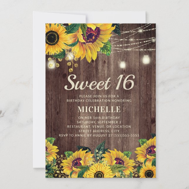 Rustic Sunflower String Light 16th Birthday Invitation (Front)