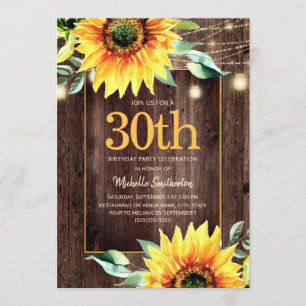 Rustic Sunflower String Light 30th Birthday Invitation