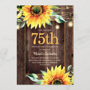 Rustic Sunflower String Light 75th Birthday Invitation