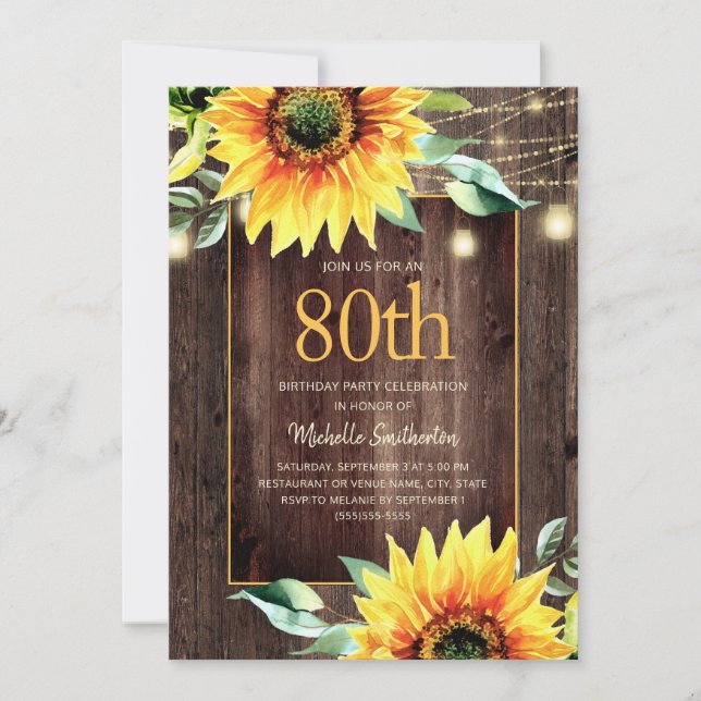 Rustic Sunflower String Light 80th Birthday Invitation (Front)