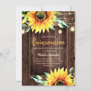 Rustic Sunflower String Light Quinceañera Birthday Invitation