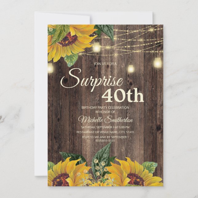 Rustic Sunflower String Light Surprise 40th Invitation (Front)