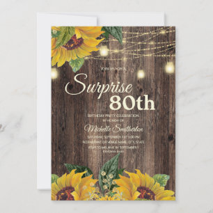 Rustic Sunflower String Light Surprise 80th Invitation