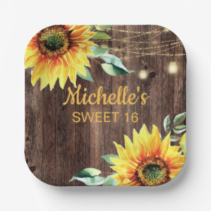 Rustic Sunflower String Light Sweet 16 Birthday Paper Plate