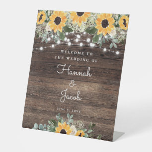 Rustic Sunflower String Light Wedding Welcome Pedestal Sign