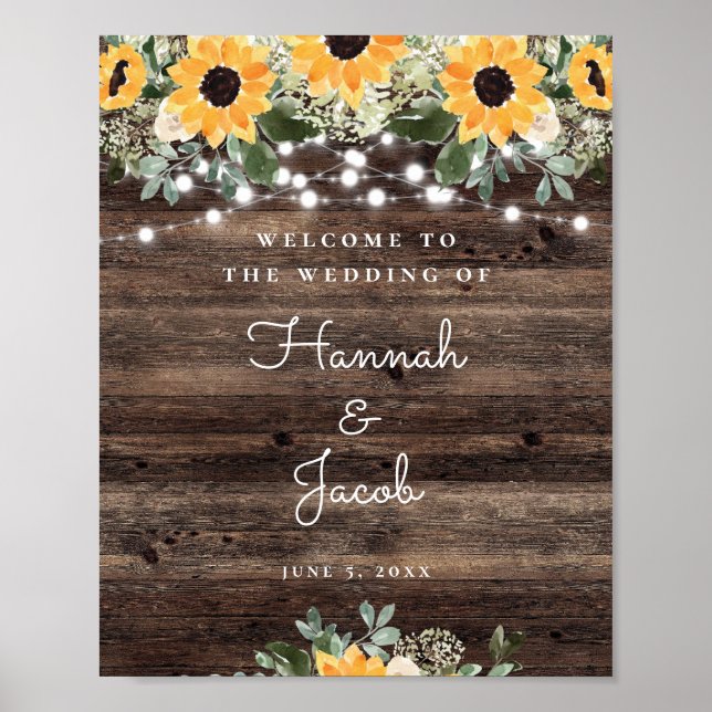 Rustic Sunflower String Light Wedding Welcome Poster (Front)