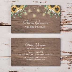 Rustic Sunflower String Light Wooden Business Card