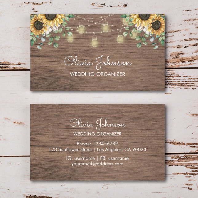 Rustic Sunflower String Light Wooden Business Card (In situ wood table)