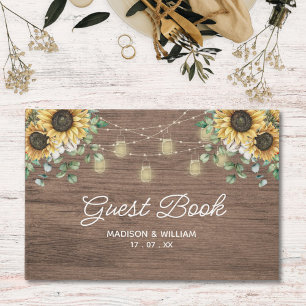 Rustic Sunflower String Light Wooden Guest Book