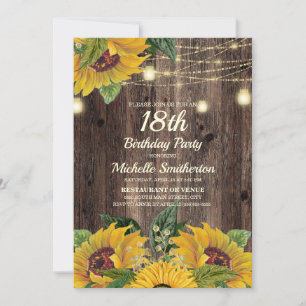 Rustic Sunflower String Lights 18th Birthday Invitation