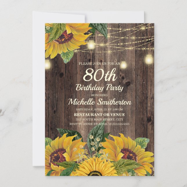 Rustic Sunflower String Lights 80th Birthday Invitation (Front)