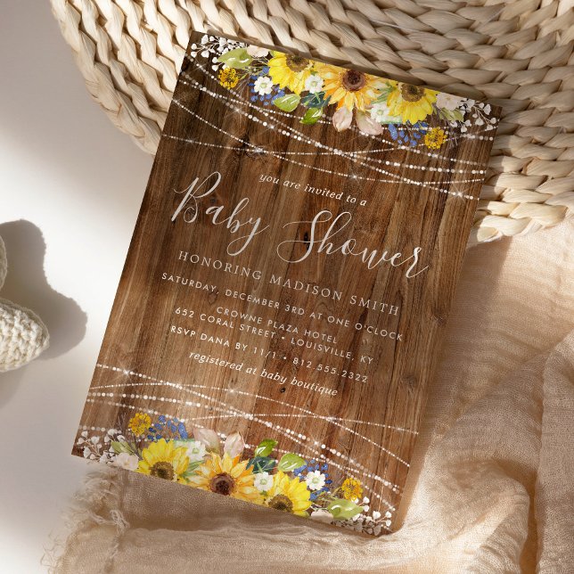 Rustic Sunflower String Lights Baby Shower Invitation (Creator Uploaded)