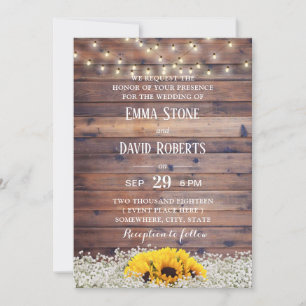 Rustic Sunflower & String Lights Barn Wedding Invitation