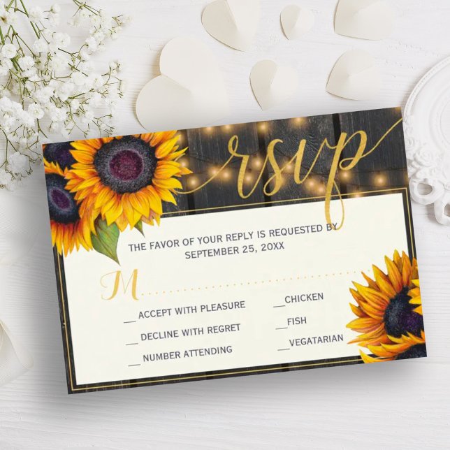 Rustic sunflower string lights barn wood wedding RSVP card (Creator Uploaded)