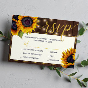 Rustic sunflower string lights barn wood wedding RSVP card