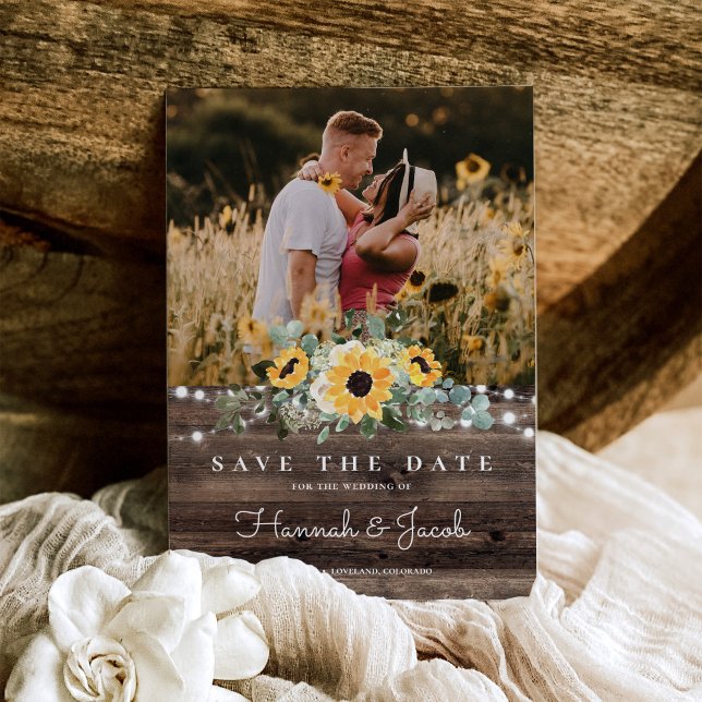 Rustic Sunflower String Lights Barn Wood Wedding Save The Date (Creator Uploaded)