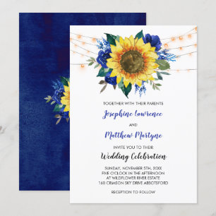 Rustic Sunflower String Lights Blue Floral Wedding Invitation
