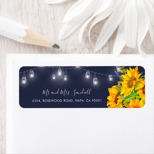 Rustic Sunflower String Lights Blue Return Address (Insitu)