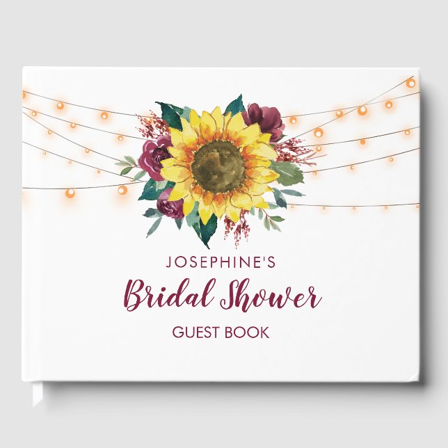 Rustic Sunflower String Lights Bridal Shower Guest Book (Front)