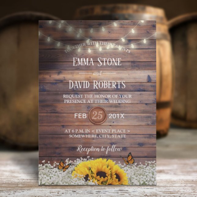 Rustic Sunflower & String Lights Country Wedding Invitation (Creator Uploaded)